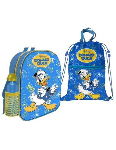 Kit scuola completo con Zainetto asilo + Borraccia + Sacca nylon + Astuccio completo 3 zip + Tovaglietta - Paperino