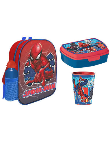 Kit scuola con zainetto asilo + borraccia alluminio + portamerenda + bicchiere - Spiderman