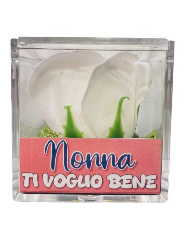 Rosa di sapone in scatolina plex Cm. 6x6x6 - Nonna - Bianca