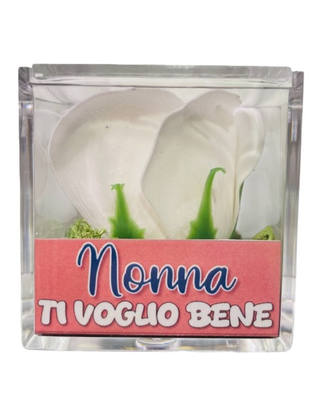 Rosa di sapone in scatolina plex Cm. 6x6x6 - Nonna - Bianca