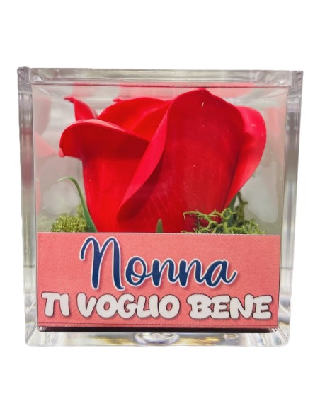 Rosa di sapone in scatolina plex Cm. 6x6x6 - Nonna - Rossa