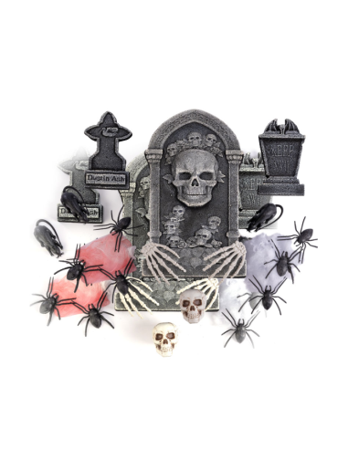 Set decorativo cimitero con lapide, ragni e accessori - Kit 16 pezzi assortiti
